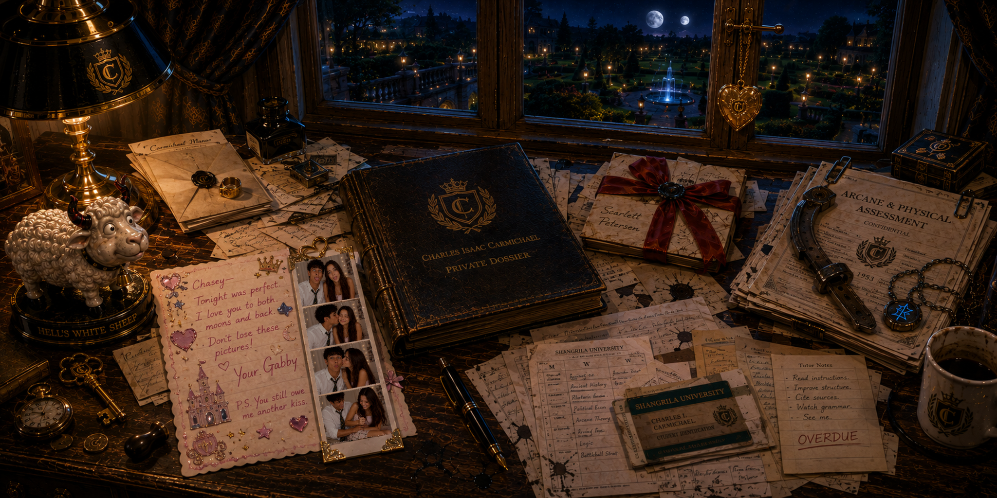 Chase Carmichael's desk with the private Dossier and related objects