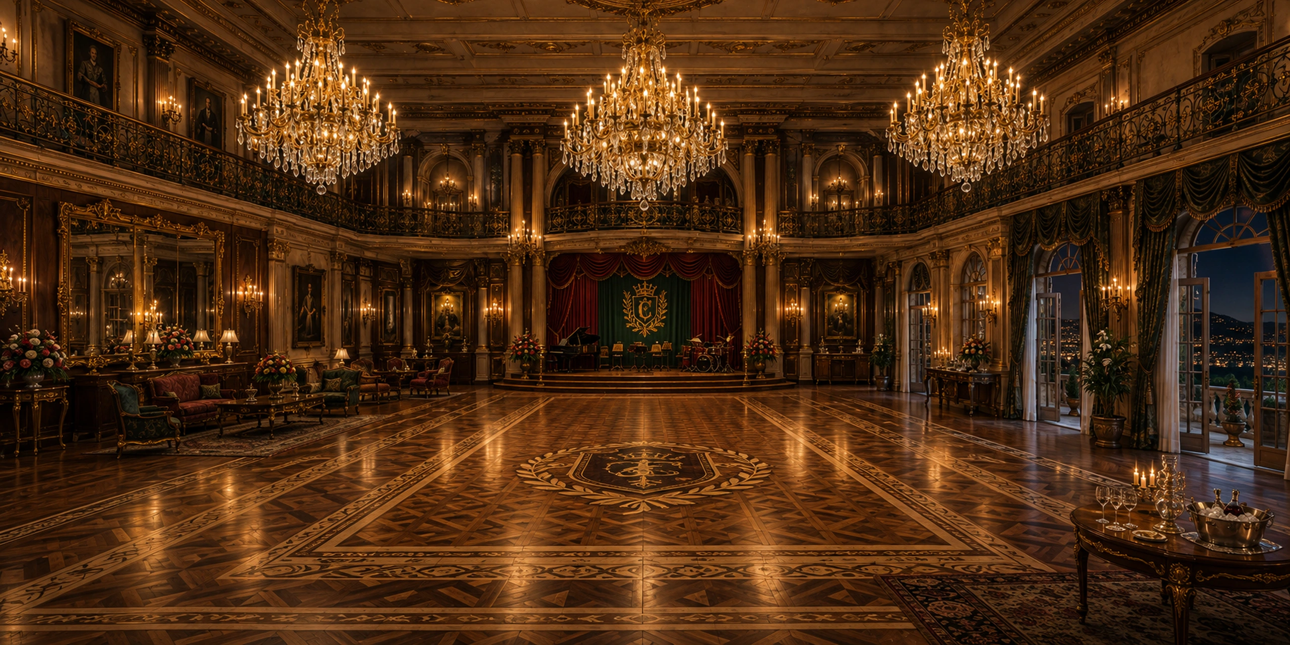 The empty Grand Ballroom at Carmichael Manor, with three enormous chandeliers, a broad parquet dance floor, musicians' dais, mirror salon, upper gallery, and open crystal doors overlooking Bretton at night.
