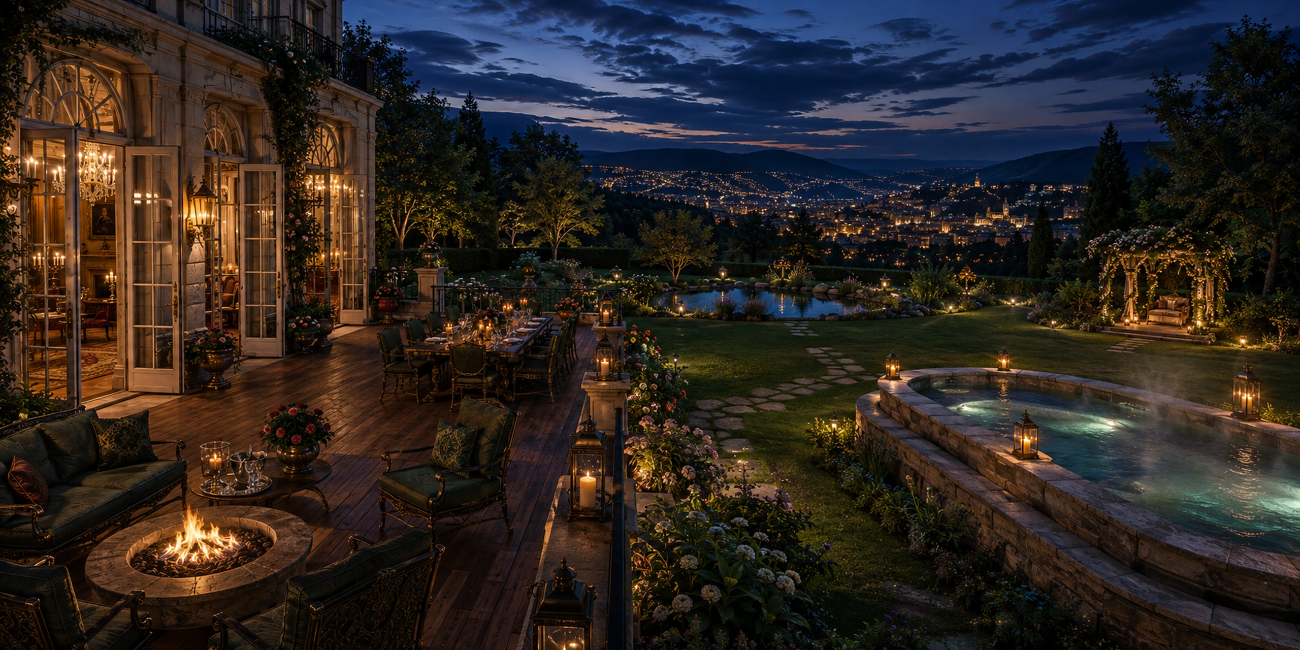The Back Lawn at Carmichael Manor during blue hour, with open garden doors, a mahogany terrace, fire bowl, dining area, gardens, swimming pond, heated stone pool, arbor, and the lights of Bretton below the hill.