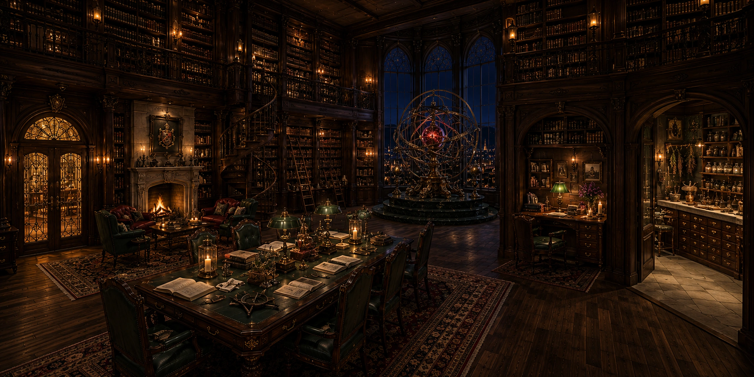 The two-story Arcane Library at Carmichael Manor, with closed crystalline doors to the Living Area, a fireplace salon, long green-leather study table, upper book gallery, Carmichael Orrery before the celestial windows, Melanie's office nook, and an adjoining potion-preparation room.
