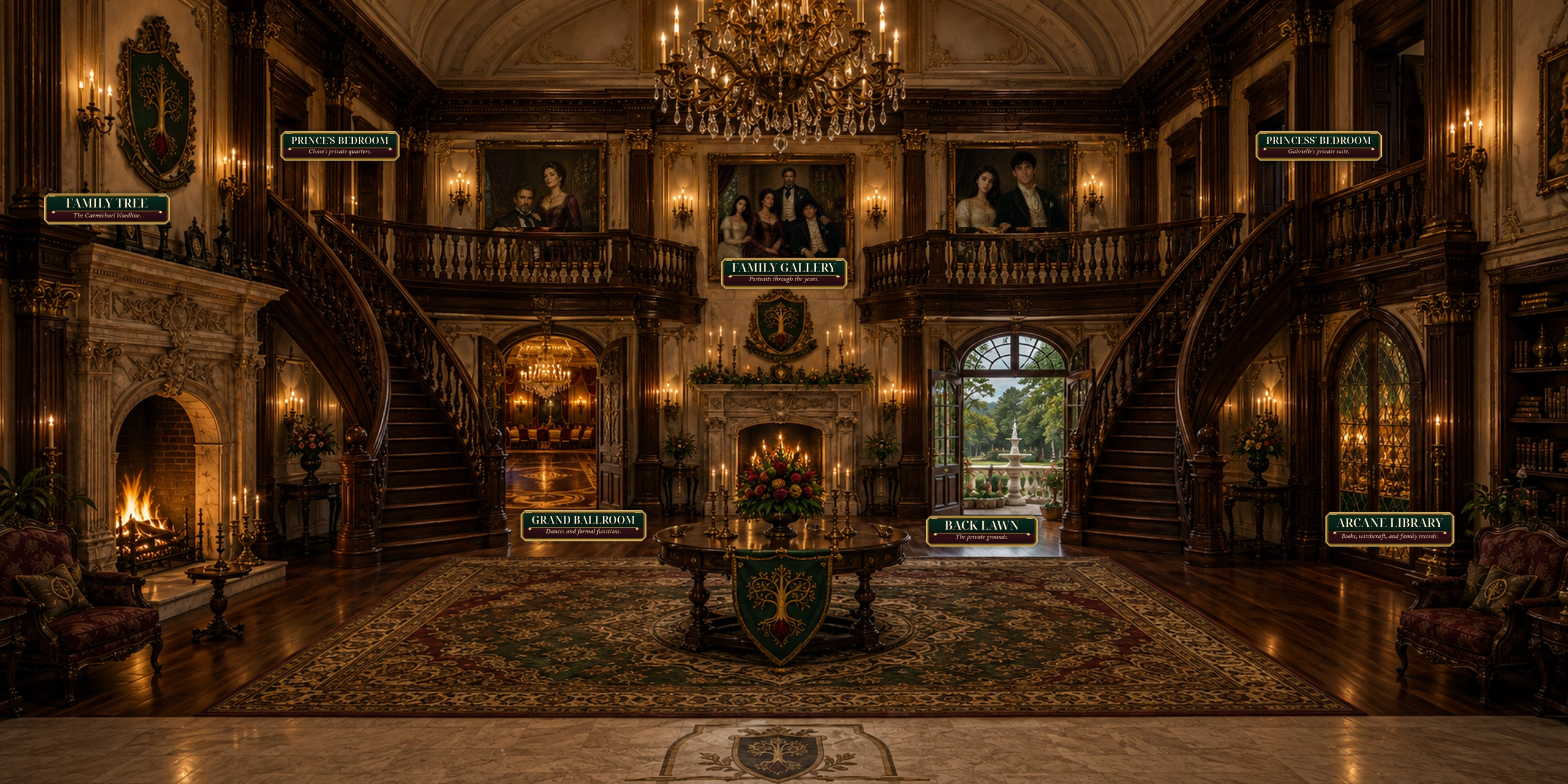 The formal Living Area at Carmichael Manor, with twin staircases, a continuous upper gallery, three family portraits, a fireplace and crest, open ballroom entrance, open garden doors, and closed crystalline doors to the Arcane Library.